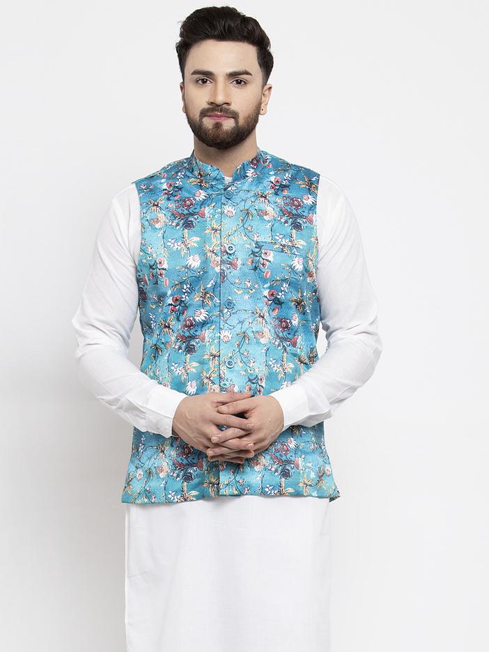 Jompers Men Sky-Blue Printed Satin Nehru Jacket | Grocsy
