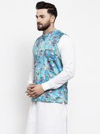 Jompers Men Sky-Blue Printed Satin Nehru Jacket | Grocsy