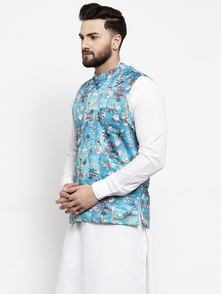 Jompers Men Sky-Blue Printed Satin Nehru Jacket | Grocsy