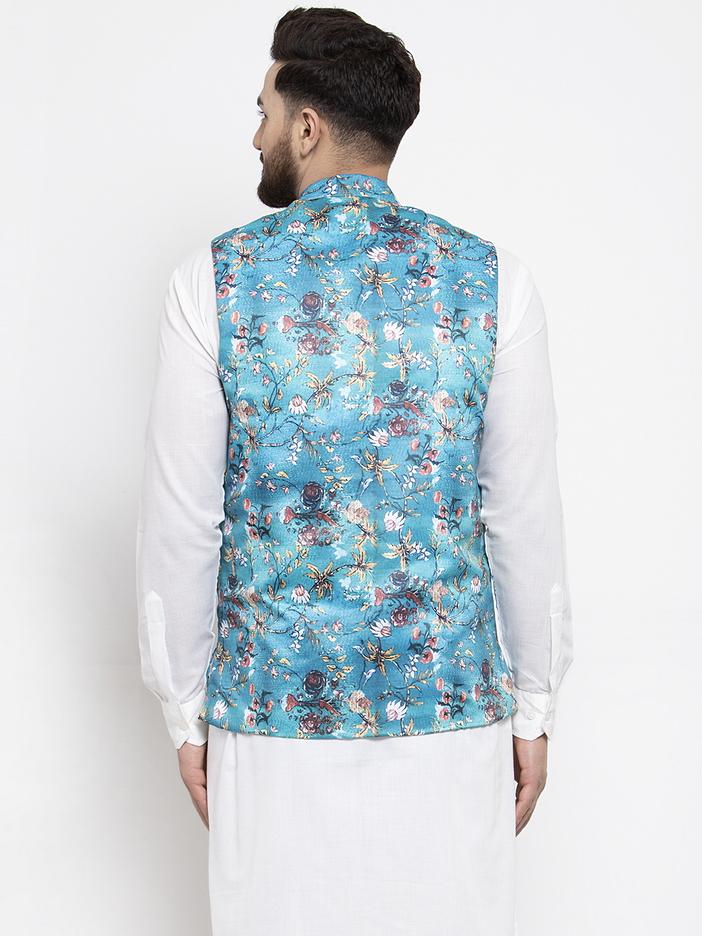 Jompers Men Sky-Blue Printed Satin Nehru Jacket | Grocsy