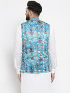 Jompers Men Sky-Blue Printed Satin Nehru Jacket | Grocsy