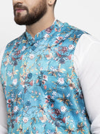 Jompers Men Sky-Blue Printed Satin Nehru Jacket | Grocsy
