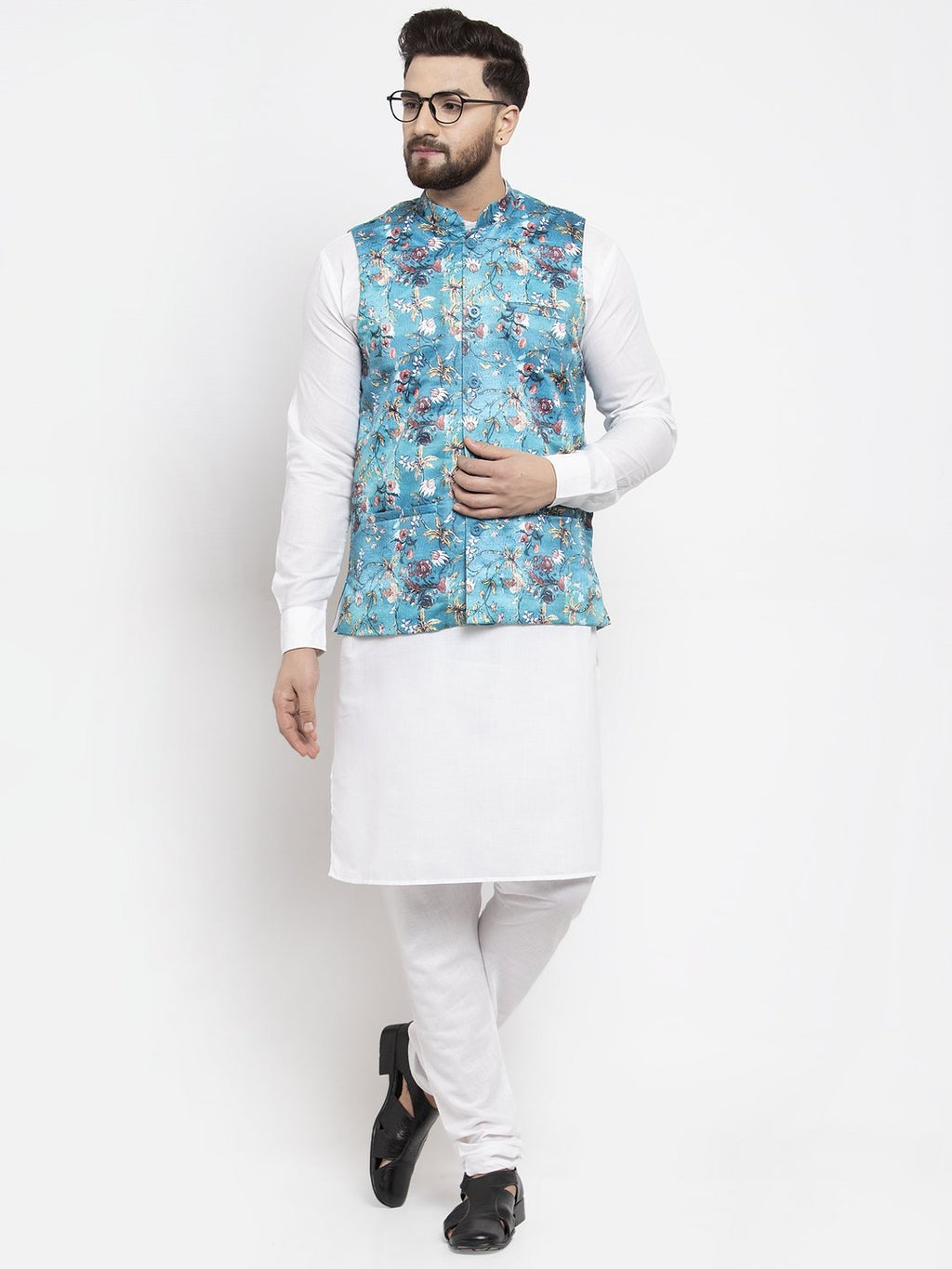Jompers Men Sky-Blue Printed Satin Nehru Jacket | Grocsy