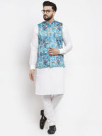 Jompers Men Sky-Blue Printed Satin Nehru Jacket | Grocsy