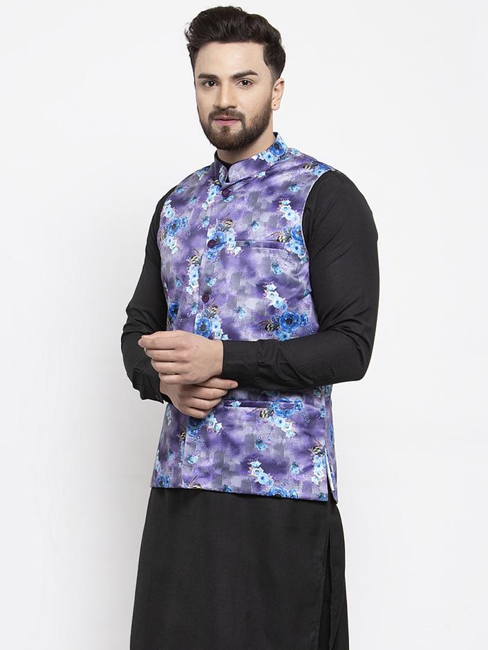 Jompers Men Violet Printed Satin Nehru Jacket | Grocsy