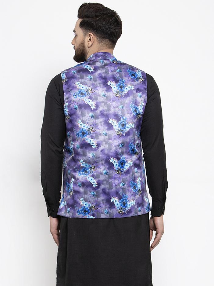 Jompers Men Violet Printed Satin Nehru Jacket | Grocsy