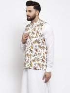 Jompers Men White Printed Satin Nehru Jacket | Grocsy