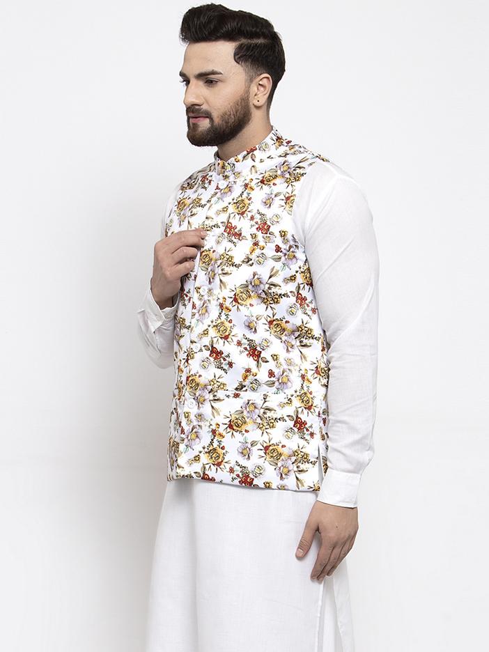 Jompers Men White Printed Satin Nehru Jacket | Grocsy