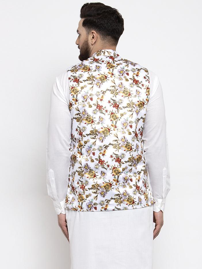 Jompers Men White Printed Satin Nehru Jacket | Grocsy