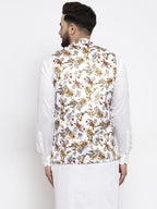 Jompers Men White Printed Satin Nehru Jacket | Grocsy