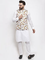 Jompers Men White Printed Satin Nehru Jacket | Grocsy