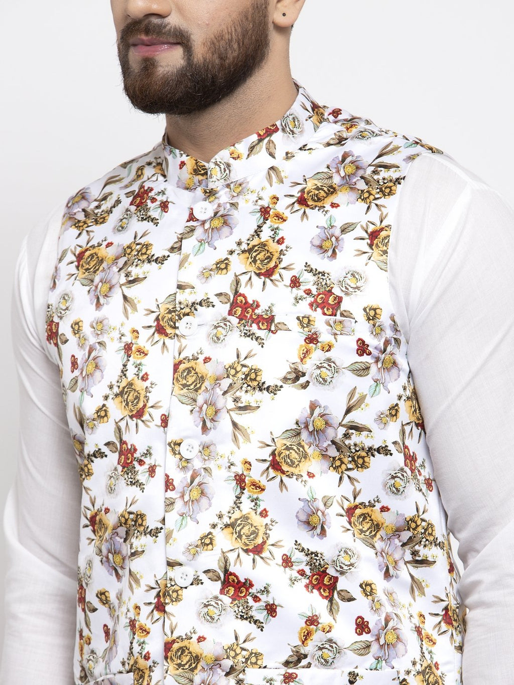 Jompers Men White Printed Satin Nehru Jacket | Grocsy