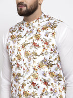 Jompers Men White Printed Satin Nehru Jacket | Grocsy