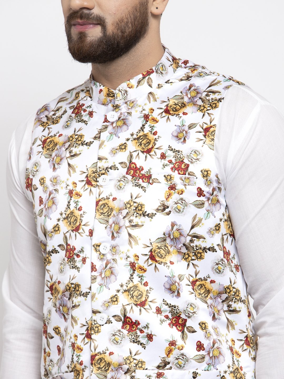 Jompers Men White Printed Satin Nehru Jacket | Grocsy