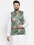 Jompers Men Green & Brown Printed Satin Nehru Jacket | Grocsy