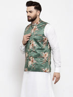Jompers Men Green & Brown Printed Satin Nehru Jacket | Grocsy