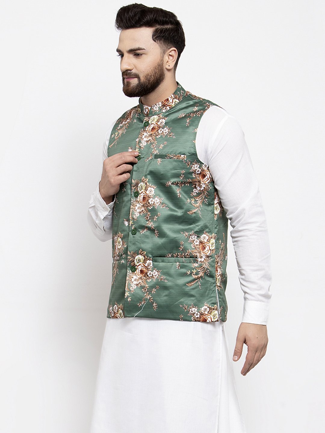 Jompers Men Green & Brown Printed Satin Nehru Jacket | Grocsy