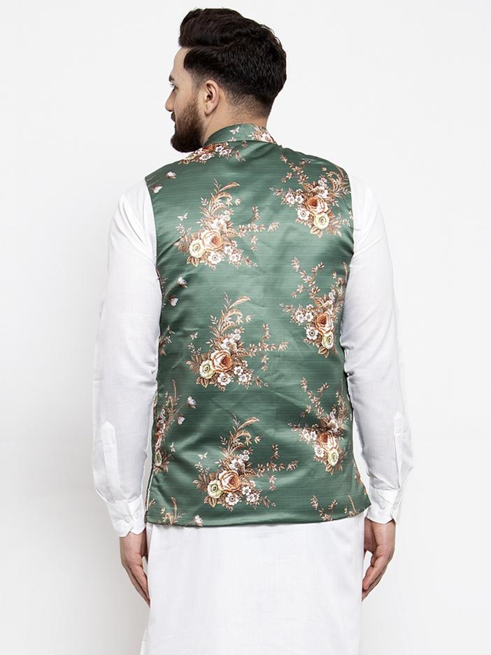 Jompers Men Green & Brown Printed Satin Nehru Jacket | Grocsy