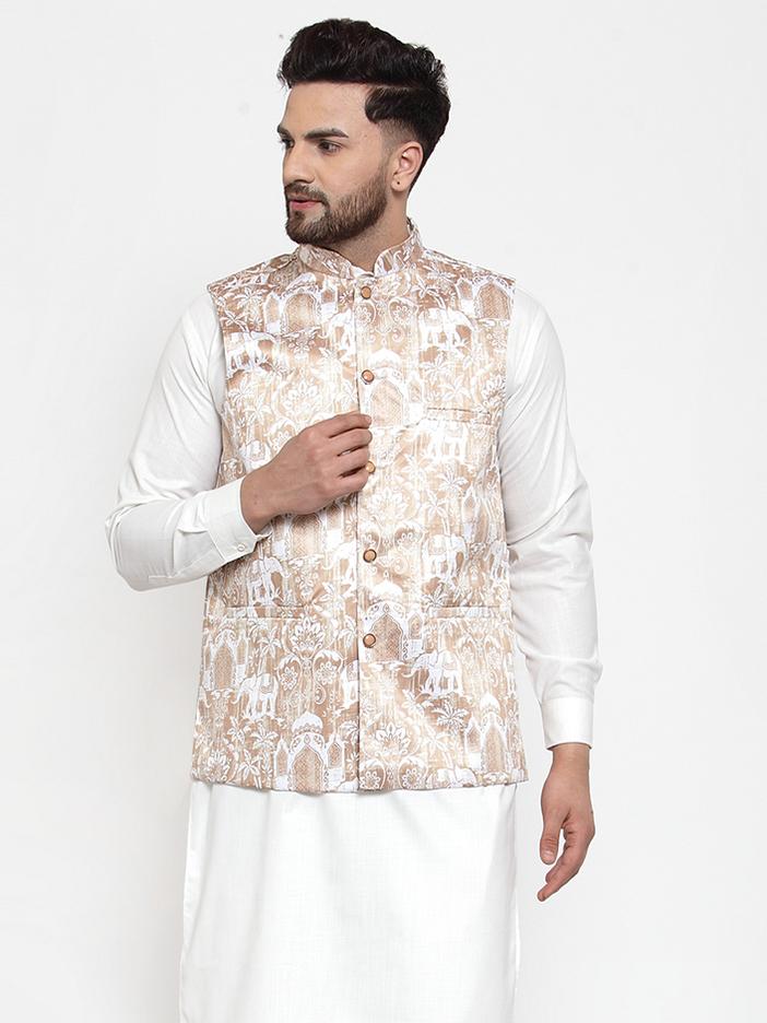 Jompers Men Beige Printed Satin Nehru Jacket | Grocsy