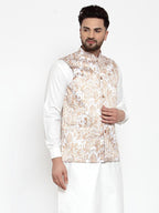 Jompers Men Beige Printed Satin Nehru Jacket | Grocsy