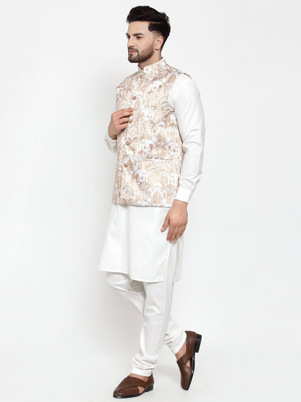 Jompers Men Beige Printed Satin Nehru Jacket | Grocsy