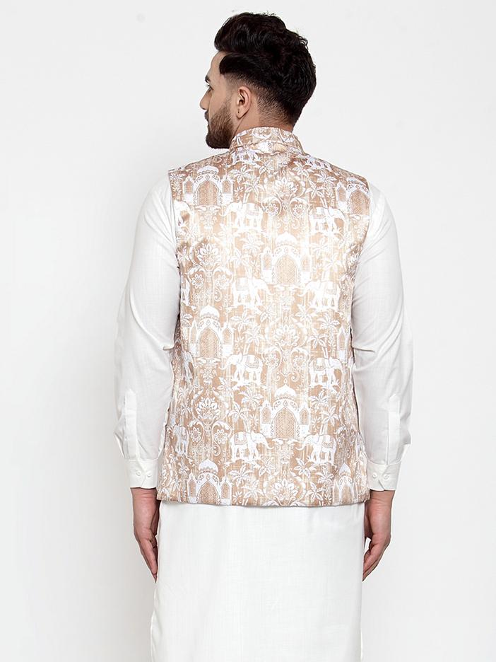 Jompers Men Beige Printed Satin Nehru Jacket | Grocsy