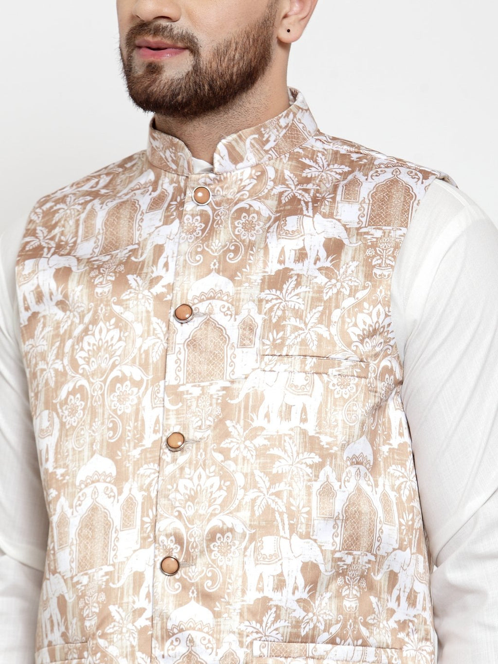 Jompers Men Beige Printed Satin Nehru Jacket | Grocsy