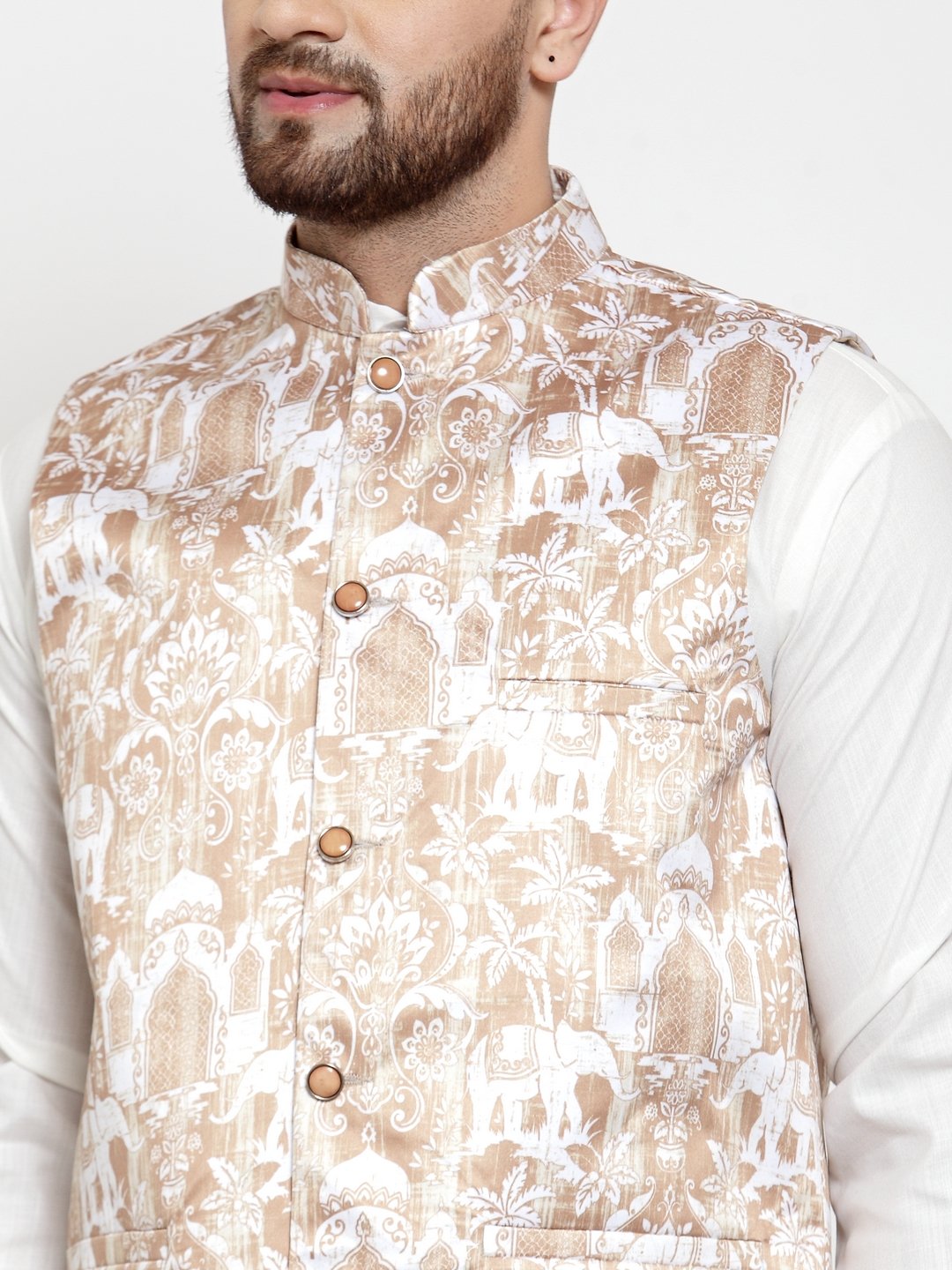 Jompers Men Beige Printed Satin Nehru Jacket | Grocsy