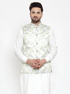 Jompers Men's Lime-Green Printed Satin Nehru Jacket | Grocsy