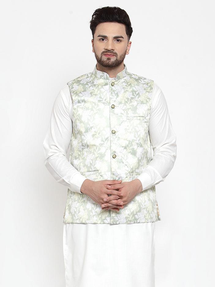 Jompers Men's Lime-Green Printed Satin Nehru Jacket | Grocsy