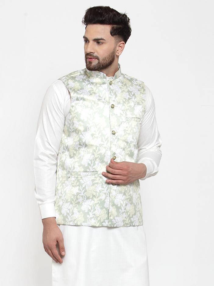 Jompers Men's Lime-Green Printed Satin Nehru Jacket | Grocsy