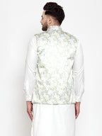 Jompers Men's Lime-Green Printed Satin Nehru Jacket | Grocsy