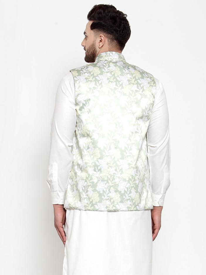 Jompers Men's Lime-Green Printed Satin Nehru Jacket | Grocsy