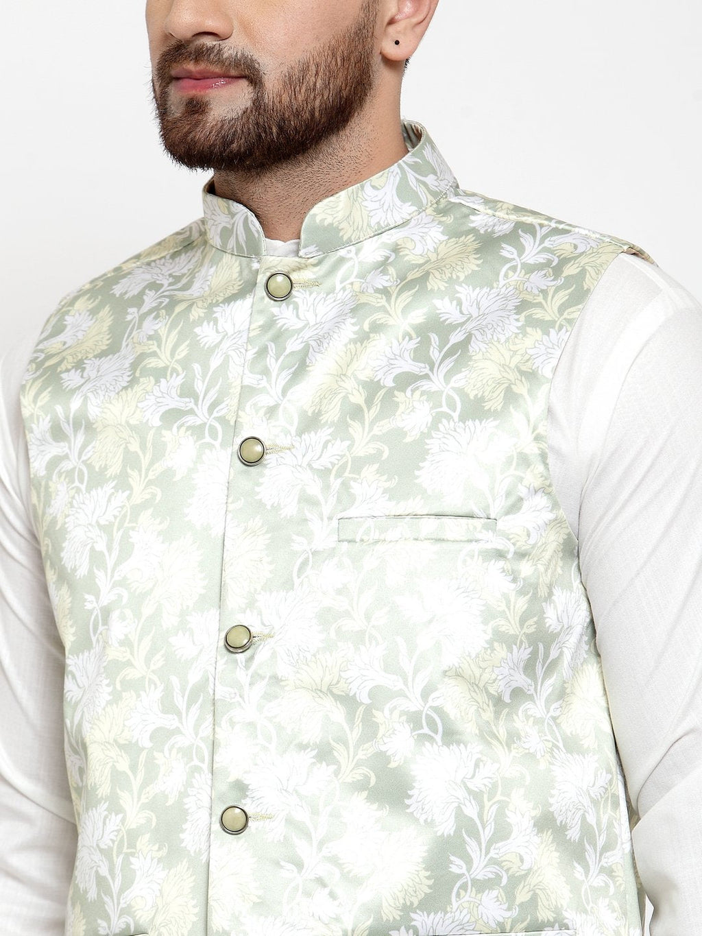 Jompers Men's Lime-Green Printed Satin Nehru Jacket | Grocsy