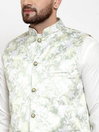 Jompers Men's Lime-Green Printed Satin Nehru Jacket | Grocsy