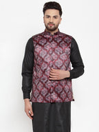 Jompers Men Printed Maroon Satin Nehru Jacket | Grocsy
