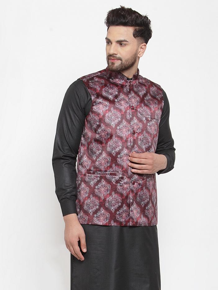 Jompers Men Printed Maroon Satin Nehru Jacket | Grocsy
