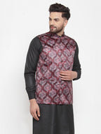 Jompers Men Printed Maroon Satin Nehru Jacket | Grocsy
