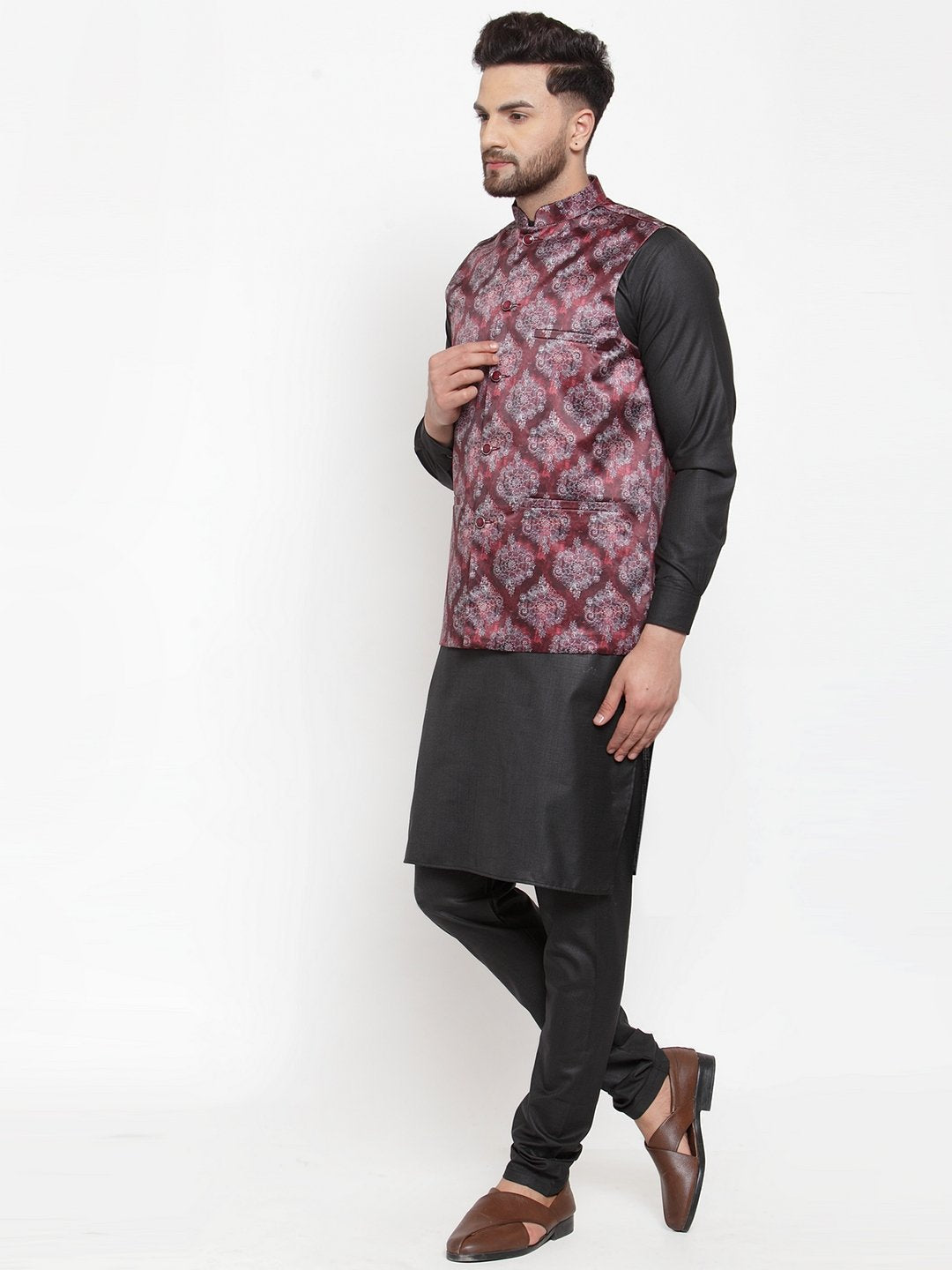 Jompers Men Printed Maroon Satin Nehru Jacket | Grocsy