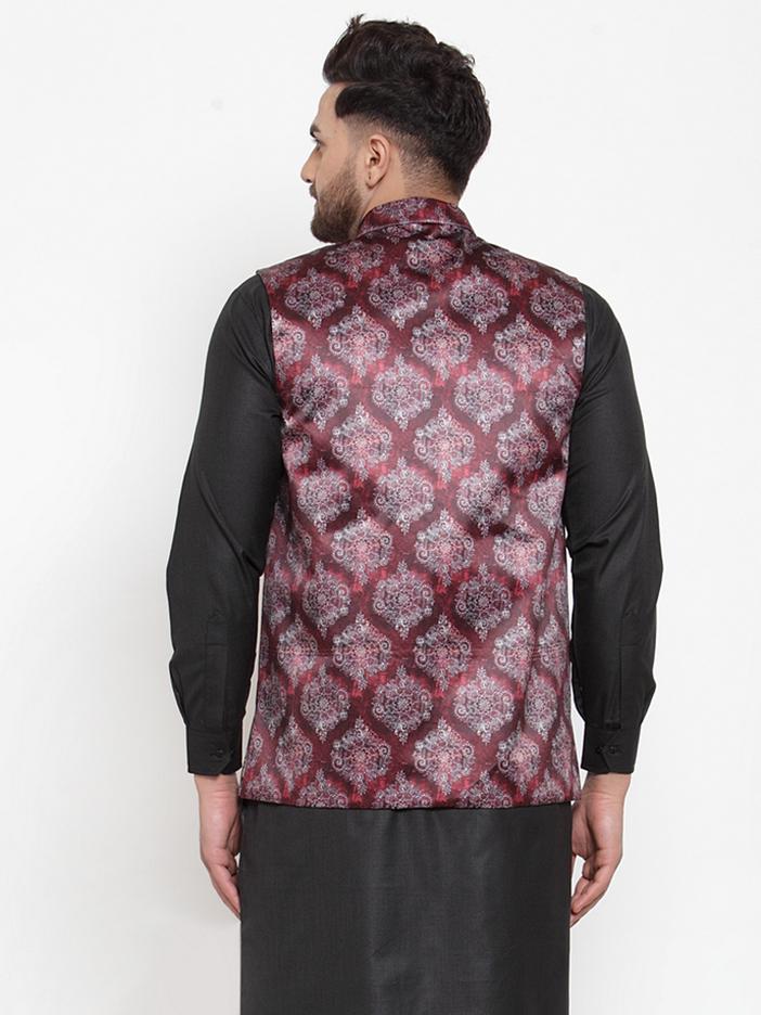 Jompers Men Printed Maroon Satin Nehru Jacket | Grocsy