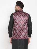 Jompers Men Printed Maroon Satin Nehru Jacket | Grocsy