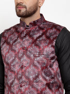 Jompers Men Printed Maroon Satin Nehru Jacket | Grocsy