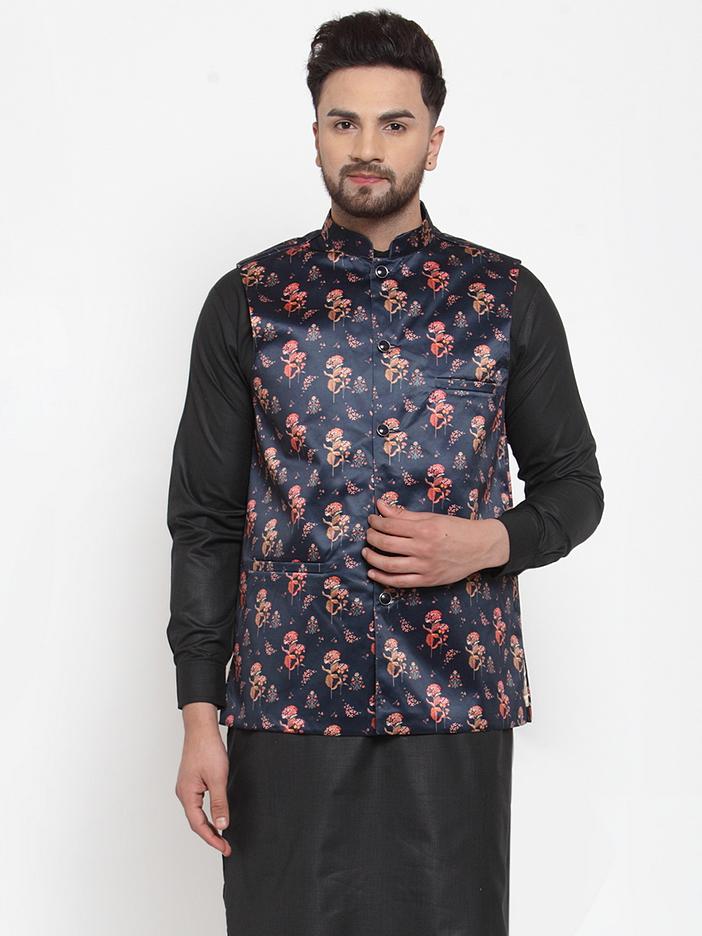 Jompers Men Navy-Blue Printed Satin Nehru Jacket | Grocsy