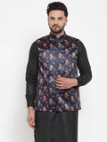 Jompers Men Navy-Blue Printed Satin Nehru Jacket | Grocsy