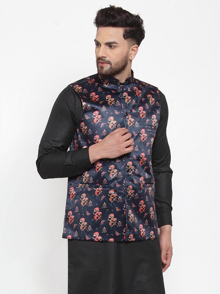 Jompers Men Navy-Blue Printed Satin Nehru Jacket | Grocsy