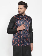 Jompers Men Navy-Blue Printed Satin Nehru Jacket | Grocsy