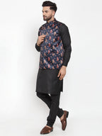 Jompers Men Navy-Blue Printed Satin Nehru Jacket | Grocsy