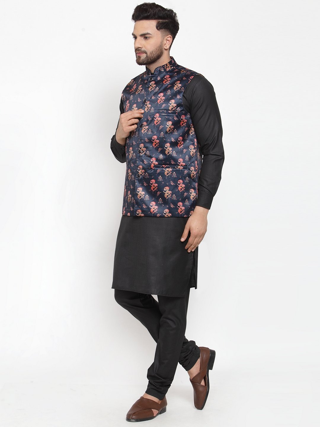 Jompers Men Navy-Blue Printed Satin Nehru Jacket | Grocsy