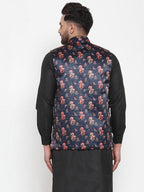 Jompers Men Navy-Blue Printed Satin Nehru Jacket | Grocsy