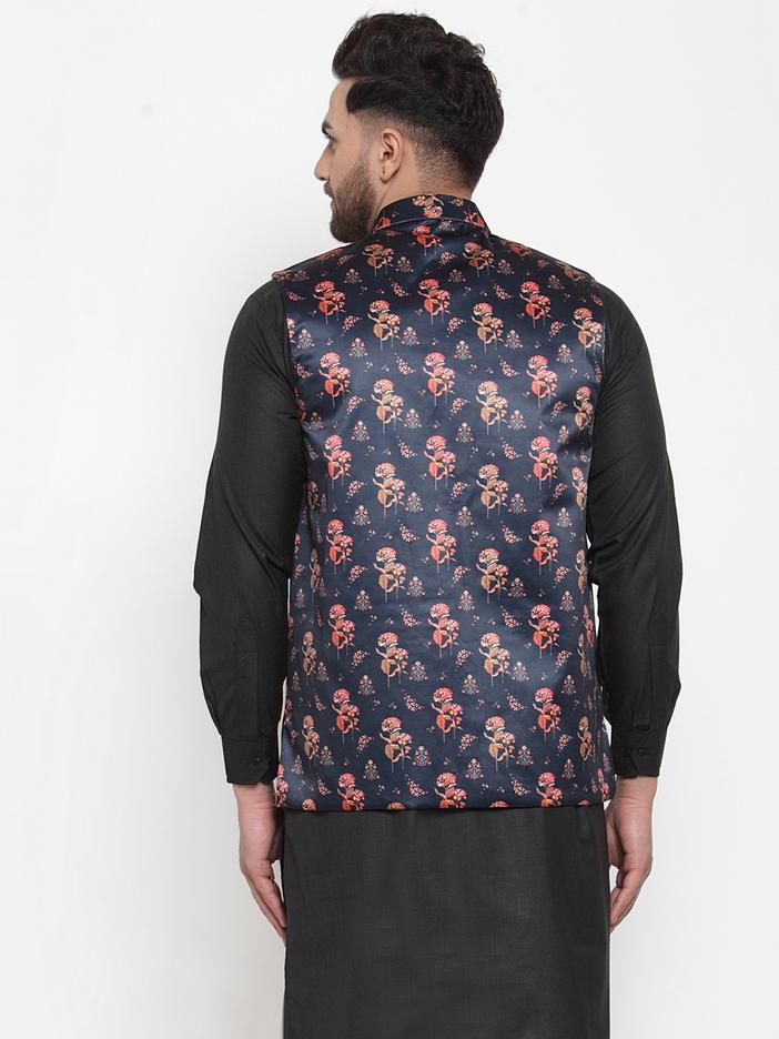 Jompers Men Navy-Blue Printed Satin Nehru Jacket | Grocsy